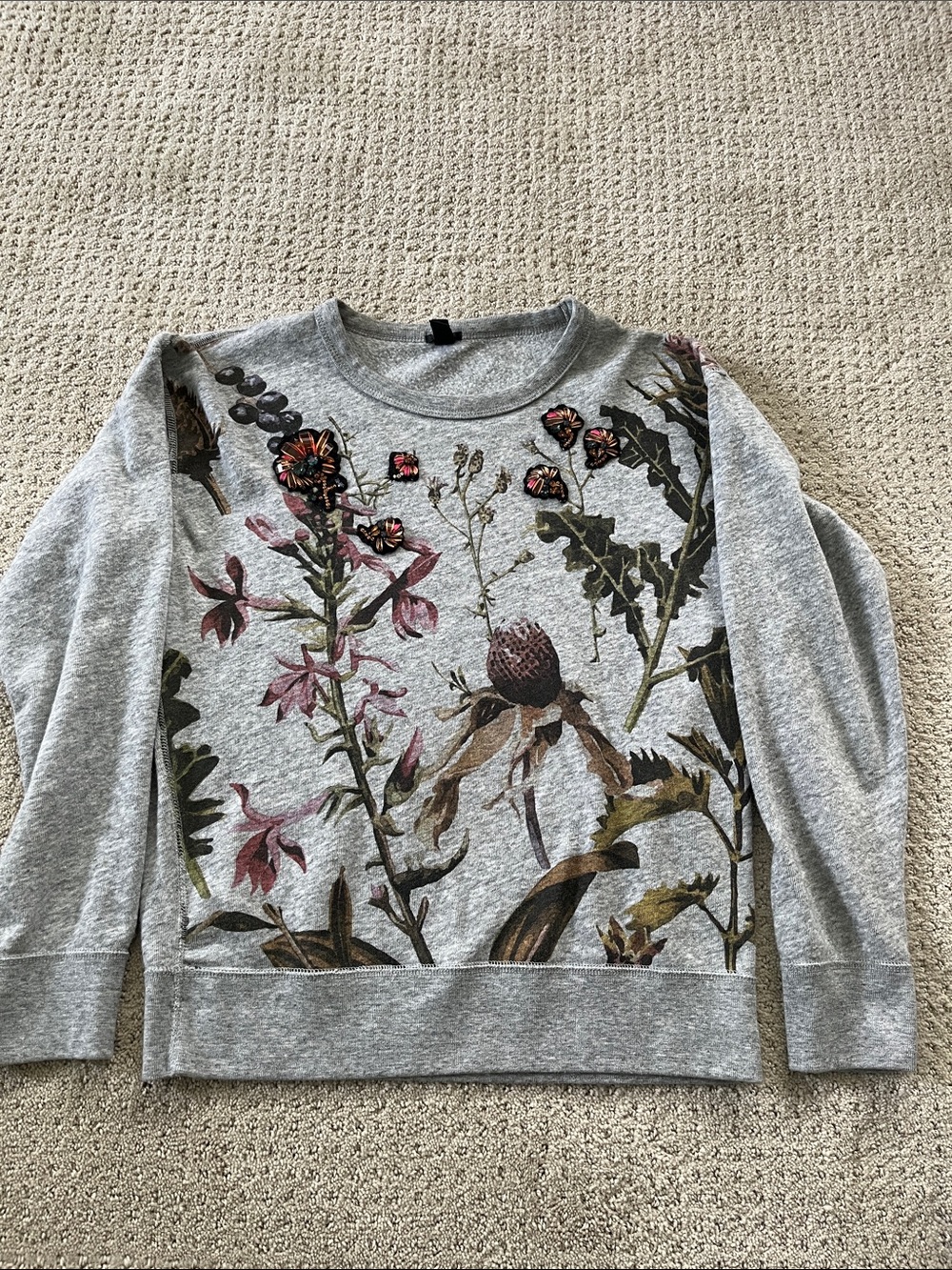 J. Crew Grey Floral Crewneck Sweatshirt with Bejeweled Accents